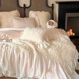 Triogift  Rose Lace Bedding Set Romantic Princess Wedding Duvet Cover Bed Sheet Pillowcases Bed Linens