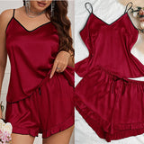 Triogift Sexy Women Satin Nightwear Chemise Pajamas Suit New Sleepwear Cami&shorts 2Pcs Pyjamas Lady Summer Night Outfit Big Size 4Xl 5Xl