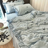 Triogift Korean Style Summer Cool Quilt Girl Lace Embroidered Bow Set Of Four Pieces Washed Cotton Simple Air Conditioning Quilt Hot Sale