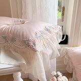 Triogift  Princess Bedding Sets Egyptian Cotton Pink Lace Flowers Embroidery Duvet Cover Bed Sheet Pillowcases Home Textile