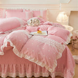 Triogift Korean Luxury Lace Ruffles Bedding Set Skin-Friendly Washed Cotton Princess Style Duvet Cover Bed Sheet Pillowcase Home Textiles