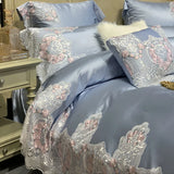 Triogift  Luxury Hotel Wedding Bedding Set Bed Linen Duvet Cover Sets With Embroidery 600 Thread Long Staple Cotton Blue Princess 3/4 PCS