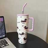 Triogift 1200ml Kawaii Puppy Thermos Mug Tumbler For Ice Coffee Water Tea Large Cute Stainless Steel Car Thermal Cups With Straw Handle