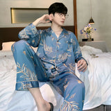 Triogift  High Quality Pajamas Suit Men Summer Ice Silk Short Sleeved Long Pants Thin Male Satin Sleepwear Youth Homewear Set Gentlemen