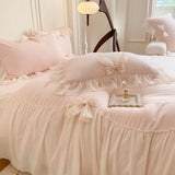 Triogift  Chiffon Lace Bedding Set Pink France Romantic Princess Wedding Ruffles Bow Soft Duvet Cover Bed Sheet Pillowcases Home Textile