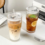 Triogift 2/1PCS 600ML Stripe Glass Cup With Lid and Straw Transparent Drinking Glasses for Juice Milk Tea Mug Iced Coffee Cups Drinkware