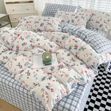 Triogift Cute Cat Duvet Cover Cotton 3 PCS Floral Bedding Sets All Seasons Comforter Covers for Boys Girls Kids Teen Dorm Preppy College