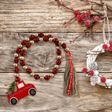 Triogift  Christmas Wood Bead Garland With Red Truck Snowflake Pendant Xmas Wooden Bead Garland Tassel Rustic Farmhouse Christmas Decor