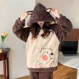 Triogift  Flannel Pajamas Women Winter Loungewear Girls Sleepwear Suit Thick Cartoon Nighty Coral Velvet Kawaii Famale Home Clothes Sets