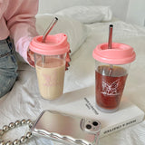 Triogift -  Cute Butterfly Water Bottle With Filter Tritan Coffee  Juice Milk Tea Straw Cup Drink Bottle Portable Original Cups BPA Free