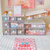 Triogift Cute Desk Organizer Drawer With Sticker Kawaii Plastic Office Table Organizer Stationery Storage Box Container For Home School