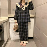 Triogift Plaid Sleepwear Women Pajama Sets Korean Pants Sets 2 Pieces Lace Piiama Style Full Sleeve Spring Night Wears Bow Home Suit