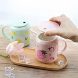 Triogift  -  1pc 400ml Cute Fruits Mugs Creative Can Cartoon Ceramic Mug With Straw Lid Milk Tea Mug Office Home Travel Coffee Water Cup