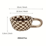 Triogift 1pc 200ml Coffee Mug Ceramic Coffee Cups Brown Plaid Pattern Water Cups Summer Drinkware Kitchen Stuff Home Kitchenware Gifts