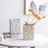 Triogift  Simple cream style imitation paper bag pleated ceramic vase Hydroponic vase Home decoration room decoration ins simple