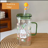 Triogift  -  750ml Kawaii Animal Glass Cups With Lid  And Straw Cute Coffee Mugs Glasses For Drinks Tea Water Milk Juice Beer Cup Drinkware