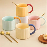 Triogift  -  Korean Style Ins Macaron Color Mug Simple Niche Design Vertical Pattern Ceramic Cup with Handle Coffee Cup Spoon suit