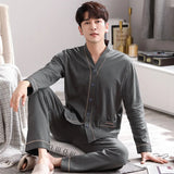 Triogift  Men Pajamas Suit Long sleeved Pure Cotton Simple Casual Cardigan V-neck Homewear Set All Plus Size Breathable Autumn Sleepwear