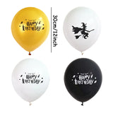 Triogift 10pcs Happy Birthday Ballons 12 Inch Black/White/Golden Halloween Latex Balloon Ghost Witch Birth Balloon Set Party Decoration