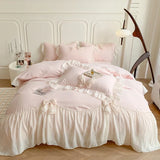 Triogift  Chiffon Lace Bedding Set Pink France Romantic Princess Wedding Ruffles Bow Soft Duvet Cover Bed Sheet Pillowcases Home Textile