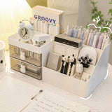 Triogift Desktop Transparent Cosmetics Storage Box Desktop Organizer with Drawers Pen Holder Stationary Storage Rack for Office Desks