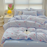 Triogift Ins Princess Blue Grid Duvet Cover with Bowknot Pillowcase Bed Sheet Kids Girls Bedding Set Full Size Cute Kawaii Bedclothes