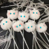 Triogift  Funny Interactive Cat Toys Kawaii Plush White Tassel Bell Cat Stick Toys for Kitten Playing Teaser Ribbon Wand Toys Cat Supplies