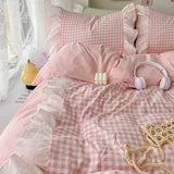 Triogift Korean Princess Style Lattice Double Layer Lace Bedding Set Soft Quilt Cover Plaid Style Duvet Covers Set Bed Sheet Pillowcases