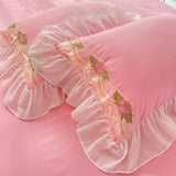 Triogift Princess Wedding Bedding Set Luxury Floral Chiffon Ruffles Quilt Cover Bed Skirt Sheet and Pillowcase for Girls Woman Bedclothes