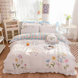 Triogift  white pastoral style flowers Embroidered Ruffle Cotton Bedding Set Duvet Cover Bed Linen Fitted Sheet Pillowcases Home textiles