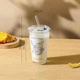 Triogift  -  Cute Letter Korean Glass Water Bottle With Straw And Lid  480ml Simple Coffee Milk Juice Breakfast Glass Cups For Drinks Gift