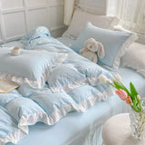 Triogift Korean Princess Style Duvet Cover Set No Filling Pink Blue Soft Washed Cotton Girls Favorite Ruffles Bed Linen Pillowcases