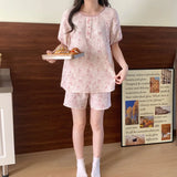 Triogift Flroal Sleepwear Women Pajama Sets Summer Piiama Korean Sets for Women 2 Pieces Home Suit Pink Cute Night Wears Button Pyjamas