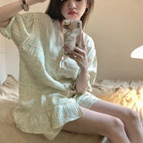 Triogift  Floral Sleepwear Women Pajamas Sets for Home Summer Ruffles Shorts Sleeve Lace 2 Pieces Button Night Wears Korean Home Suit