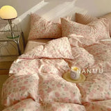 Triogift Romantic Rose Pink Floral Bedding Set Double Size Flat Sheet Duvet Cover and Pillowcase For Girls Soft Bed Linen Home Textile