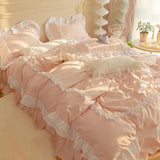 Triogift  INS Korean Princess Bedding Kawaii Ruffle Lace Bed Skirt Duvet Cover Solid Color Queen Size For Girls Woman Home Textiles