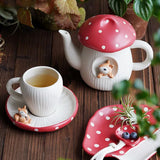 Triogift  -  Red Mushroom Coffee Cup Saucer Exquisite Ceramic Afternoon Tea Set Simple Home Teapot Breakfast Milk Mug Cartoon Dessert Plate