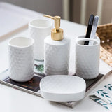 Triogift  -  White Ceramic Bathroom Five-piece Set of Simple Relief Pattern Toothbrush Cup Emulsion Bottle Soap Dish Bathroom Accessories New