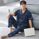 Triogift  High Quality Pyjamas Men Spring Summer Pure Cotton Breathable Pajamas Short Sleeved Cardigan Casual Male Home Cloth Suit Youth