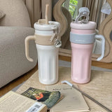 Triogift  -  Kawaii Tumbler Thermos Cup For Coffee Tea Juice 1250ml Sainless Steel Thermal Cup With Handle Straw Car Mug Gym Water Bottle