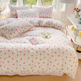 Triogift Ice Cream Color Scheme Pastoral Girls Flower Bedding Sets Washed Cotton Bed Linens Soft Quilt Cover Sheet Set Simple Bedspread