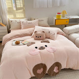 Triogift  Cute Cartoon Bear Soft Comfortable Velvet Fleece Towel Embroidery Bedding Set Duvet Cover Linen Fitted Sheet Pillowcases