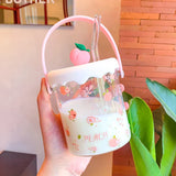 Triogift  -  Kawaii Strawberry Peach Glass Cup For Coffee Water Juice Milk Tea Creative Fruit Portable Glass Cups With Lid Straw Scale Handle