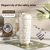 Triogift  -  Lily Of The Valley Design Travel Portable Leakproof Coffee Cup Stainless Steel Insulated Bottle Cold Cup Thermos Cup