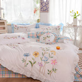 Triogift  white pastoral style flowers Embroidered Ruffle Cotton Bedding Set Duvet Cover Bed Linen Fitted Sheet Pillowcases Home textiles