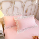 Triogift  Solid Color Bedding Set with Lace Edge Princess Style Pink Bed Cover Set Queen/King Bed Sheet Sets for Girls Double Bedding Sets