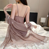 Triogift  Sexy Lace Lingerie Ultra Thin Women Romantic Sleepwear Silk Satin Home Wear Set See Through Sexy Nightdress