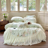 Triogift Princess Chiffon Lace Bedding Sets Luxury Green Egyptian Cotton Flowers Embroidery Duvet Cover Bed Sheet Pillowcases New