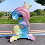 Triogift  32 Inch Crystal Gradient Number Stand Foil Balloons with Crown Figures Globos 0-9 Birthday Party Decorations Wedding Baby Shower