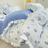 Triogift Ins Style Floral Duvet Cover Set Flat Sheet Pillowcases No Filling Queen 200x230cm Romantic Girls Blue Bedding Flower Bed Linens